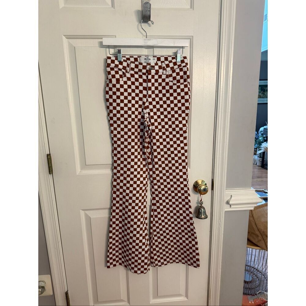 Hollister Brown & White Checkerboard Stretch Jean Cur Pants sz S EUC